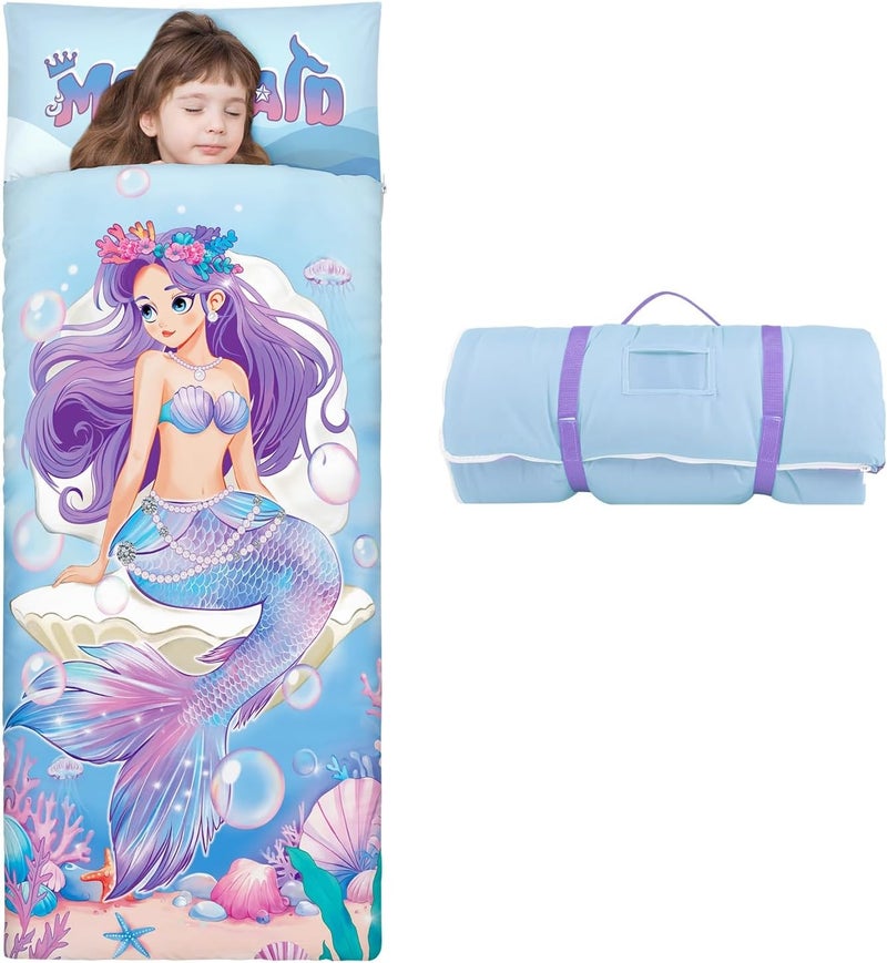 Decalsweet Kids Sleeping Bag Toddler Nap Mat with Removable Pillow, Large Foldable Sleeping Bag for Girls Boys, Easy Clean Slumber Bag with Double Zip for Camping School Preschool Daycare, 59×24 inch - Image 1